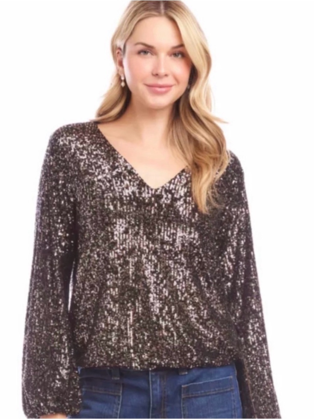 Karen Kane Wild Thing Sequin V-Neck Glam Blouse Brown Bronze Bishop Sleeve Sz M